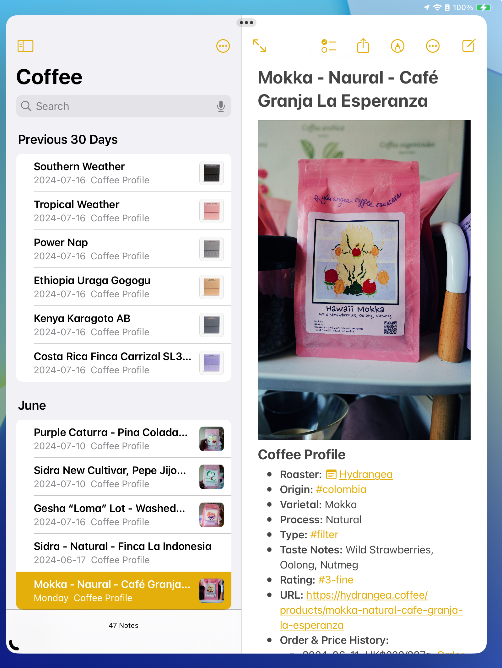 Coffee Library in Apple Notes