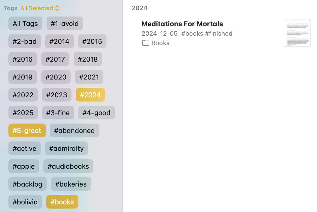 Tag filtering in Apple Notes to show highly rated books from 2024